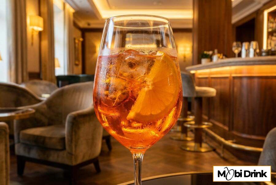 Pomarańczowy Aperol Spritz w kieliszku z lodem