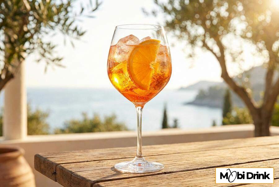 Kieliszek Aperol Spritz z lodem i plastrem pomarańczy
