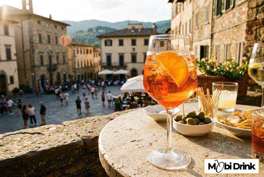 Pomarańczowy Aperol Spritz z lodem i pomarańczą