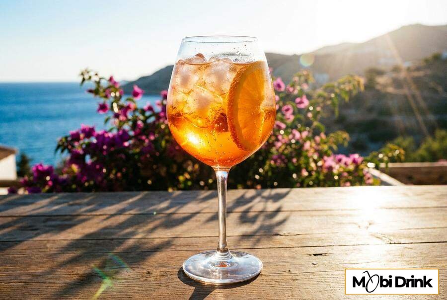 Pomarańczowy aperol spritz z lodem w kieliszku