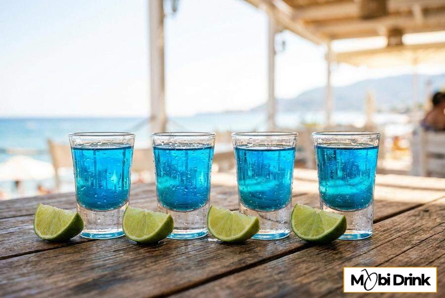 Niebieskie shoty Blue Kamikaze w rzędzie z limonką