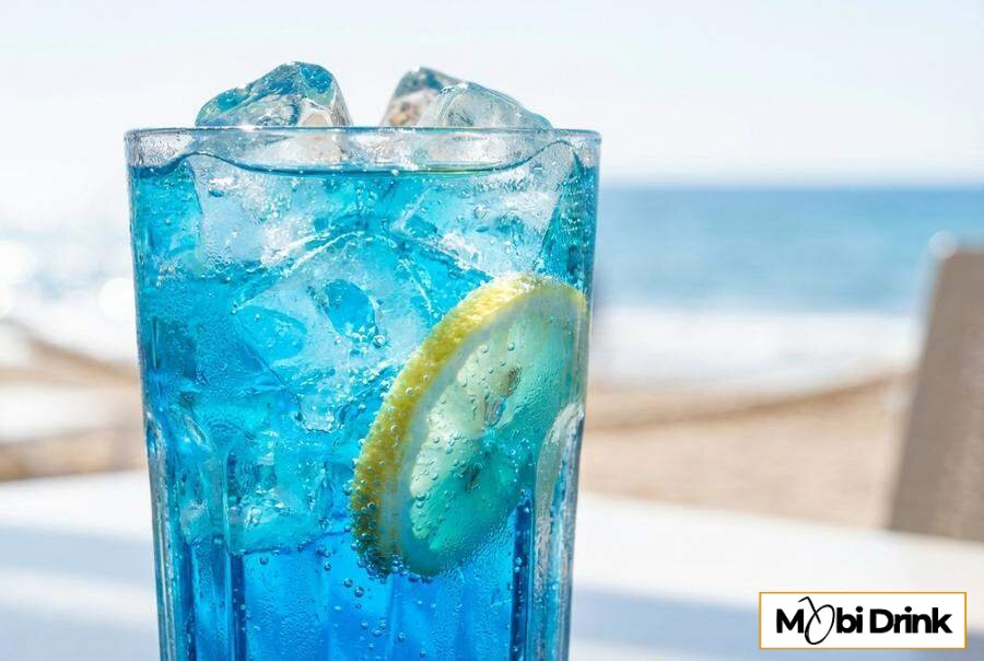 Niebieski drink bezalkoholowy blue lagoon z cytryną.