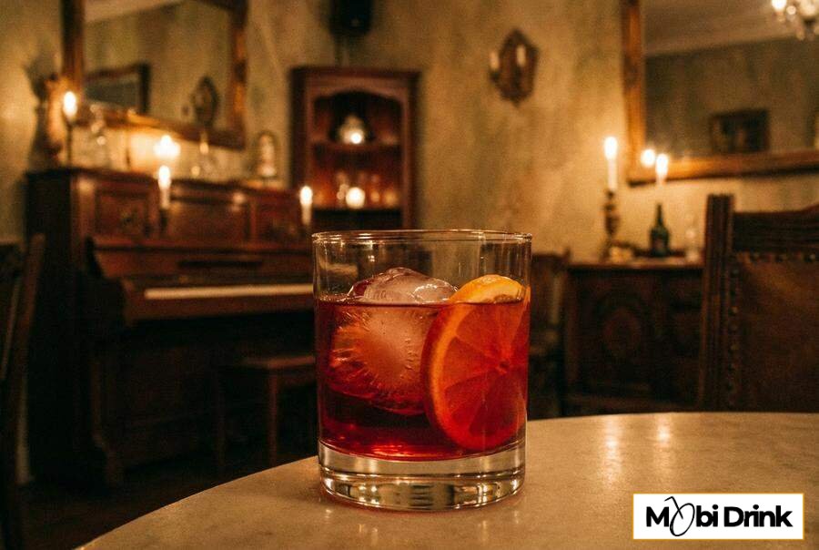Czerwony drink Boulevardier z plastrem pomarańczy