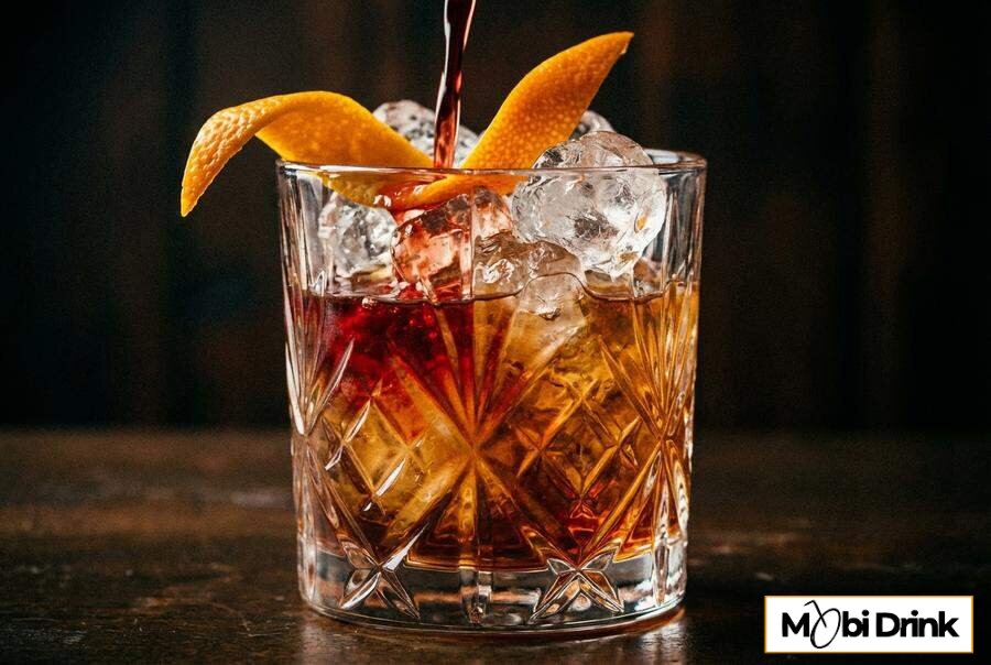 Drink Boulevardier z burbonem i skórką pomarańczy.