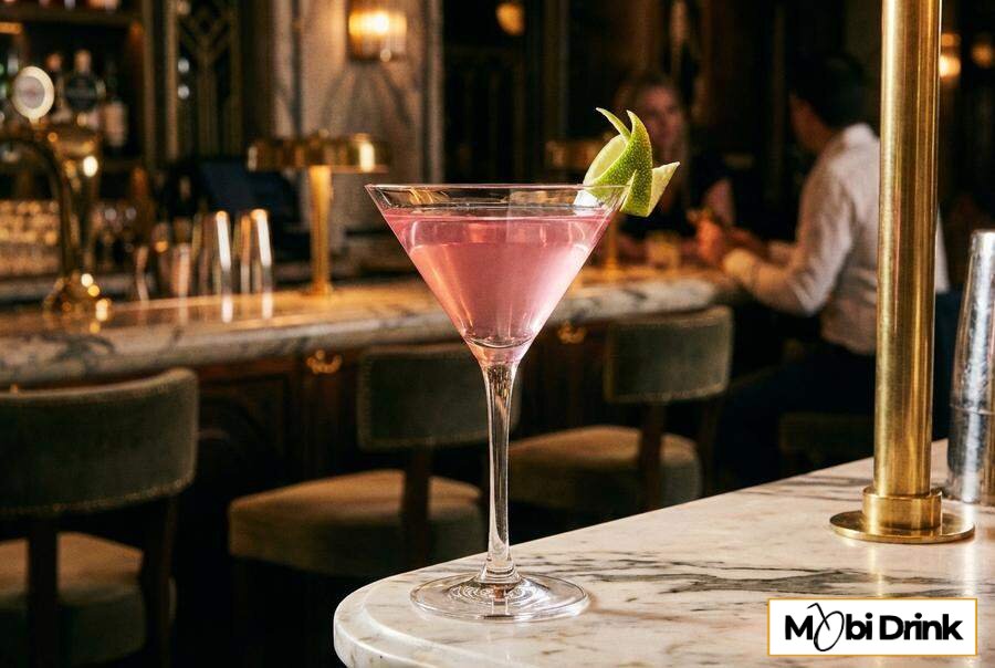 Różowy drink Cosmopolitan w kieliszku martini z limonką