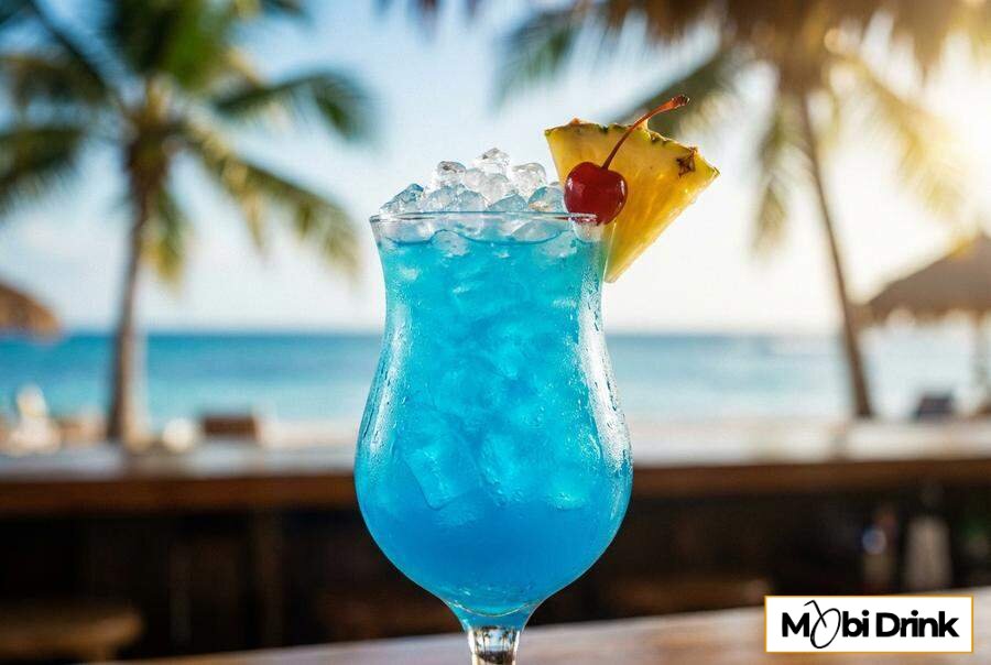 Niebieski drink Blue Hawaiian z ananasem i lodem