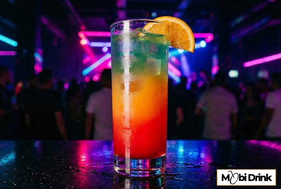 Warstwowy kolorowy drink Ekstravaganza w wysokiej szklance