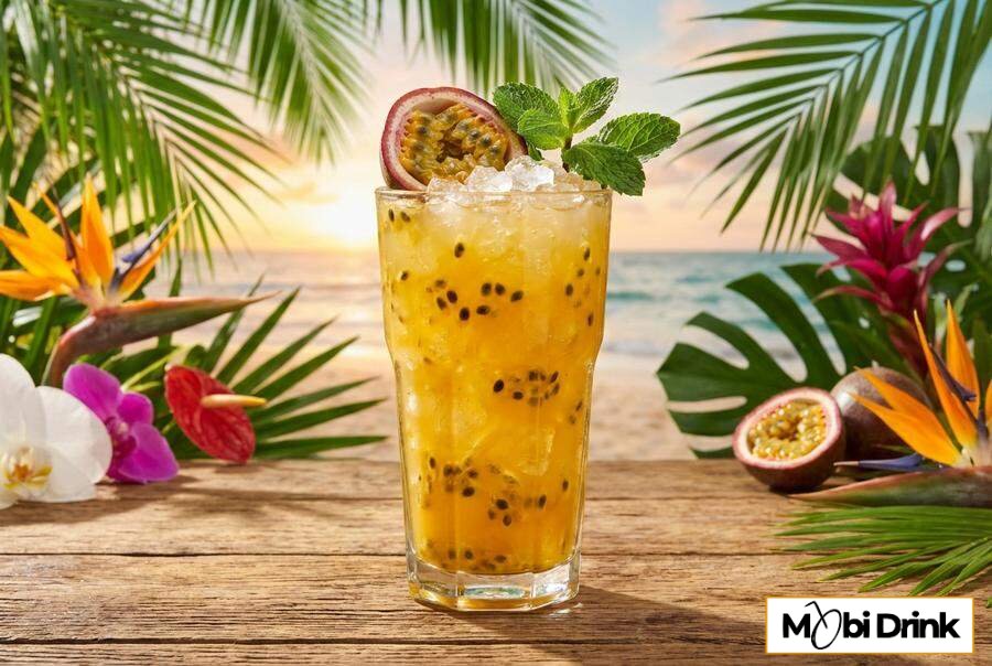 Egzotyczny drink Ouzo z sokiem z marakui i miętą