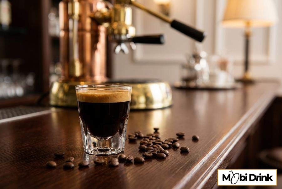 Kawowy shot espresso z pianką i ziarnami kawy