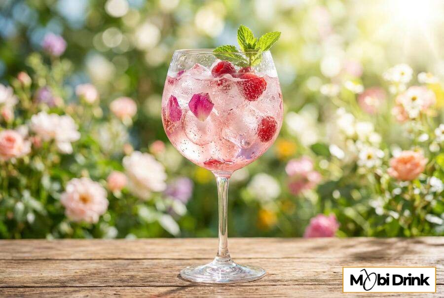 Różowy drink z płatkami róży w kieliszku