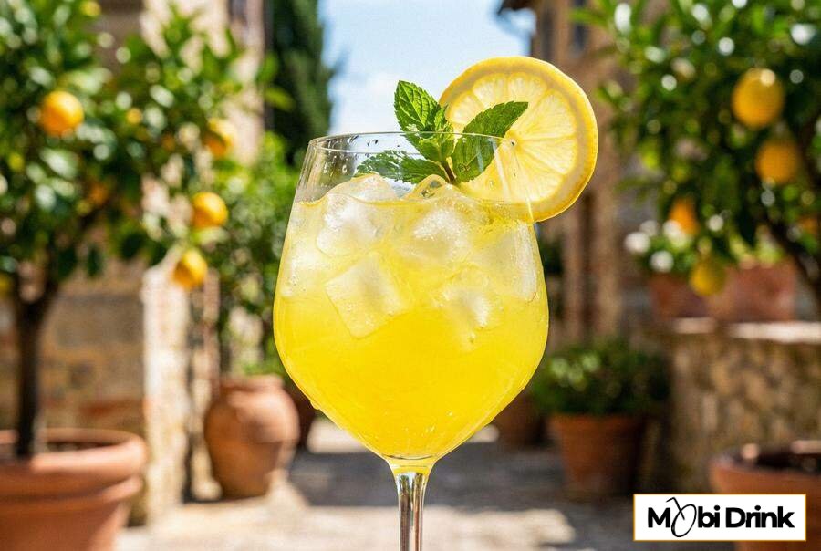 Orzeźwiający drink Limoncello Spritz w kieliszku z lodem