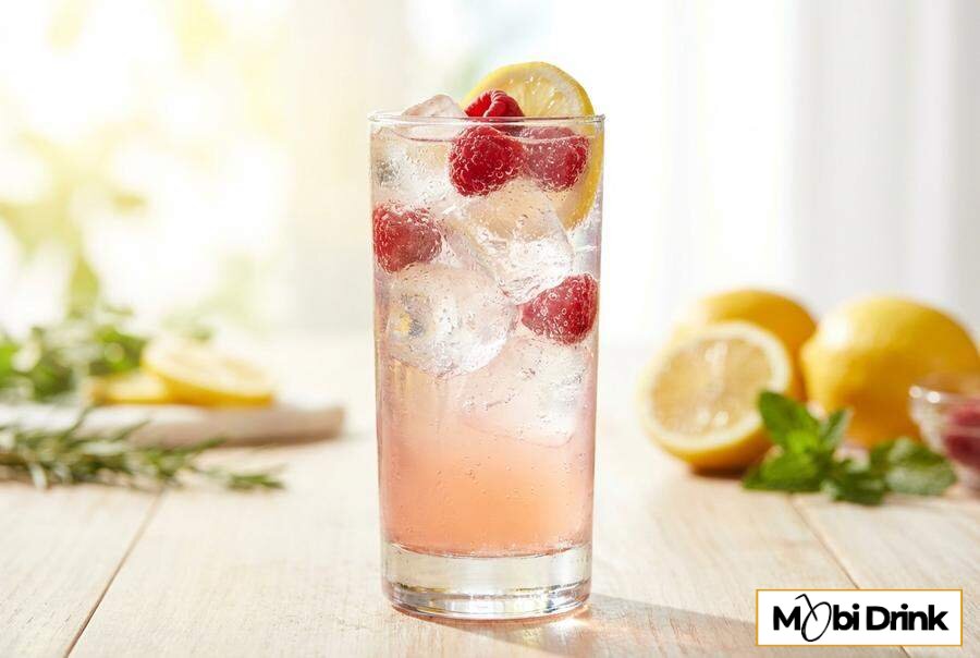 Różowy drink z malinówką i spritem w wysokiej szklance