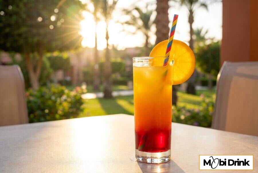Kolorowy drink warstwowy Malinowy Sunrise z pomarańczą