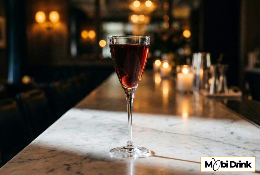 Czerwony drink Manhattan w kieliszku na nóżce.