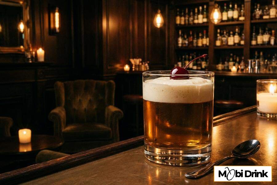 Słodko-kwaśny Amaretto Sour z pianką i wisienką