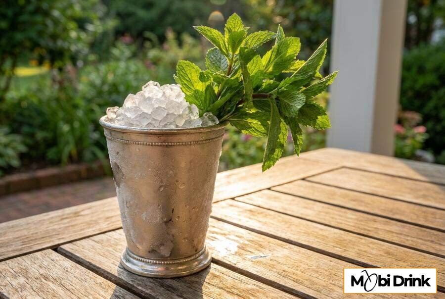 Mint Julep w srebrnym kubku z miętą