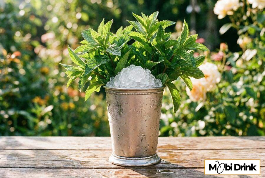 Mroźny Mint Julep w srebrnym kubku z miętą.