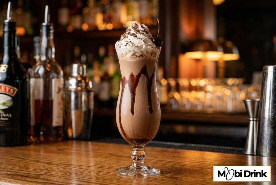 Kremowy drink Mudslide z bitą śmietaną i sosem czekoladowym