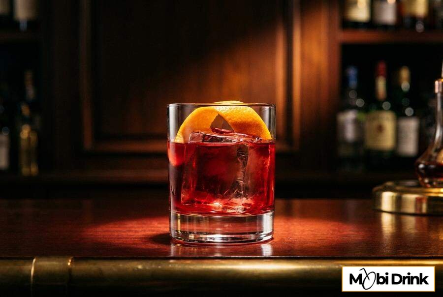 Klasyczne Negroni w szklance z lodem i pomarańczą