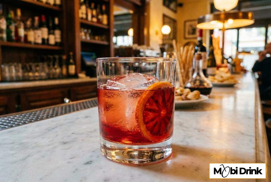 Szklanka Negroni Sbagliato z lodem i pomarańczą