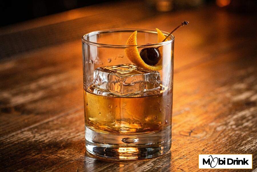 Klasyczny drink Old Fashioned z lodem i skórką pomarańczy
