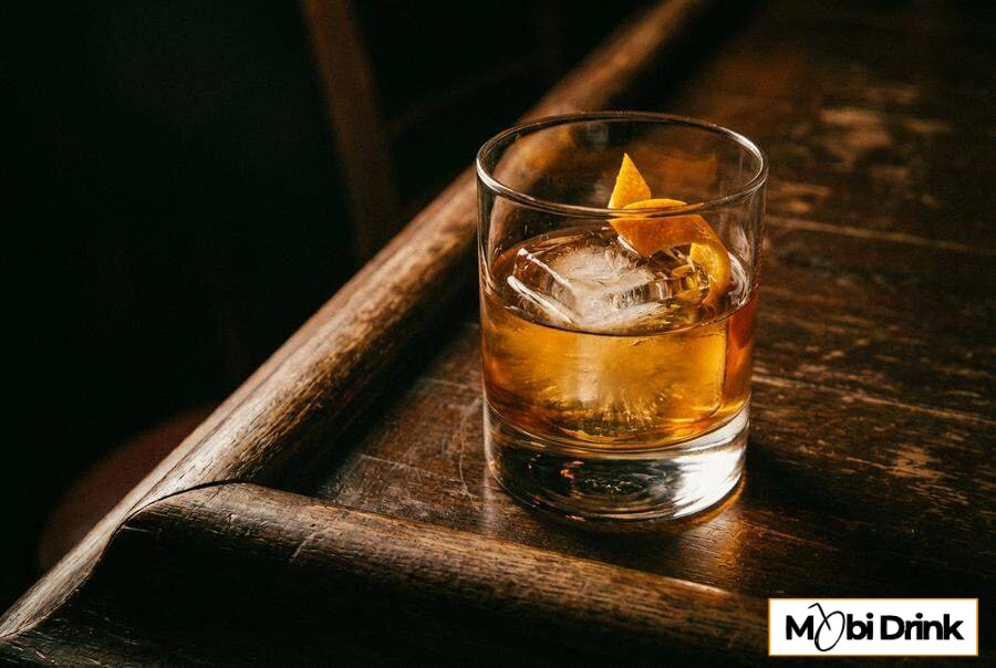 Klasyczny drink Old Fashioned w szklance z lodem.