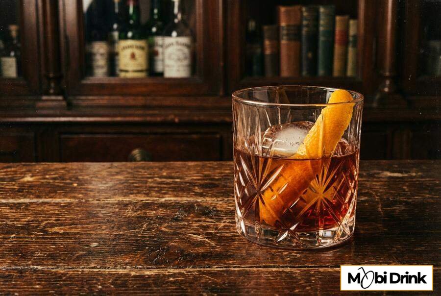 Drink Old Fashioned w kryształowej szklance z lodem