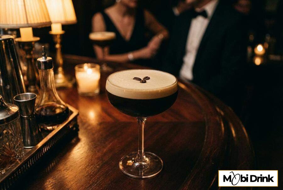 Kawowy drink Ouzo Espresso Martini z pianką w kieliszku coupe
