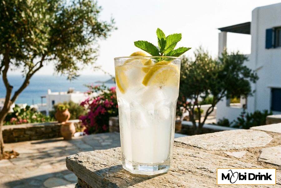 Orzeźwiający drink Ouzo Lemonade z cytryną i miętą w wysokiej szklance