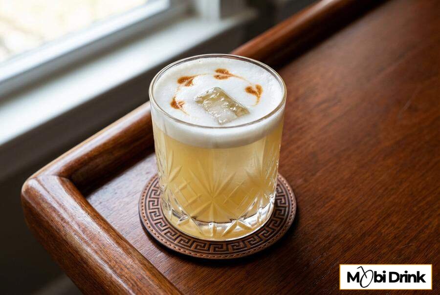Klasyczny drink Ouzo Sour z puszystą pianką w niskiej szklance