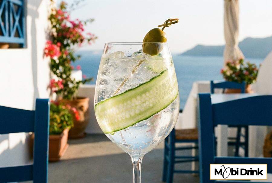 Musujący drink Ouzo Spritz w kieliszku do wina z ogórkiem