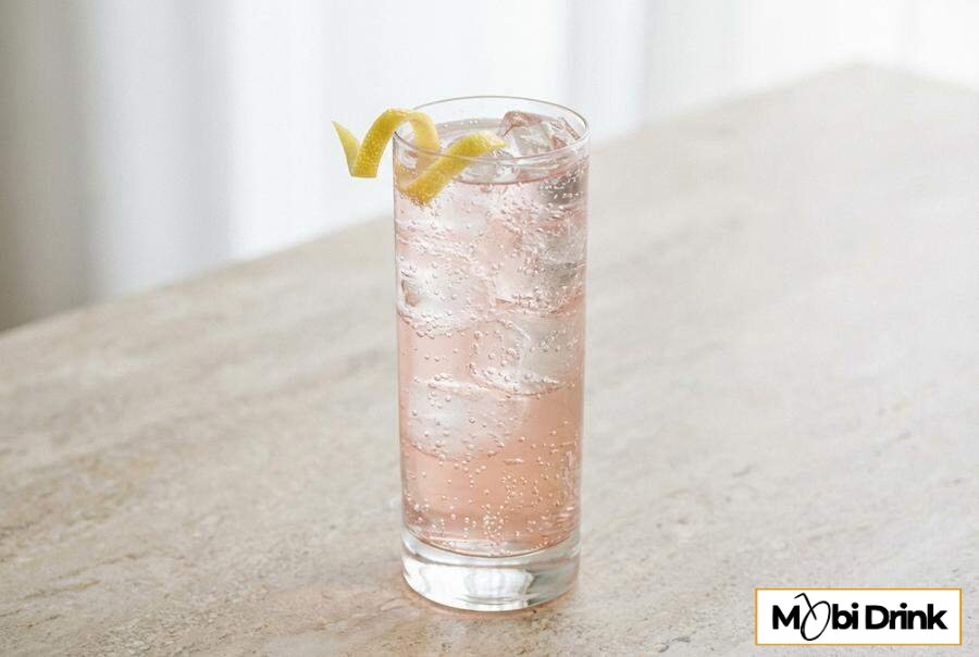 Wysoki drink Pink Gin Fizz z cytryną i lodem