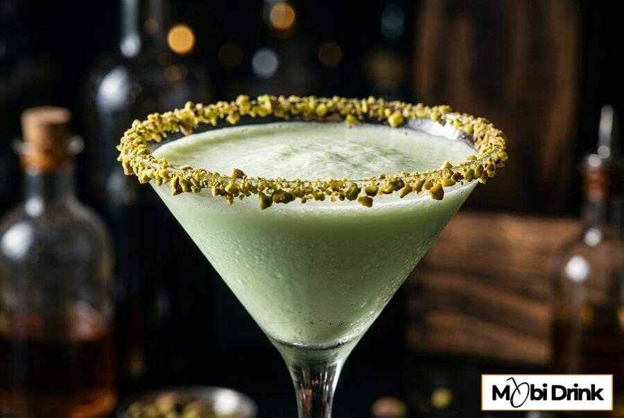 Kremowe Pistachio Martini z kruszonymi orzechami na brzegu