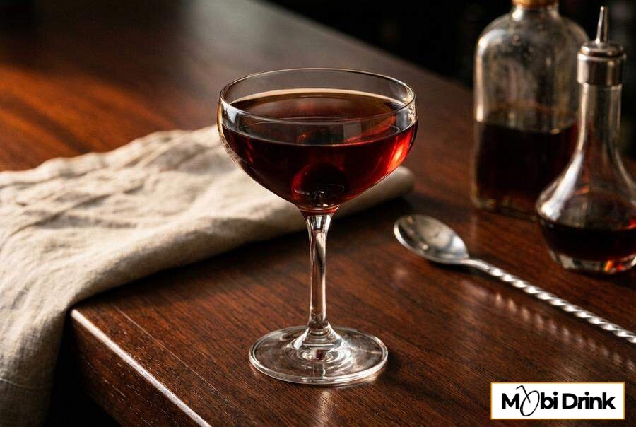 Elegancki drink Rob Roy w kieliszku koktajlowym