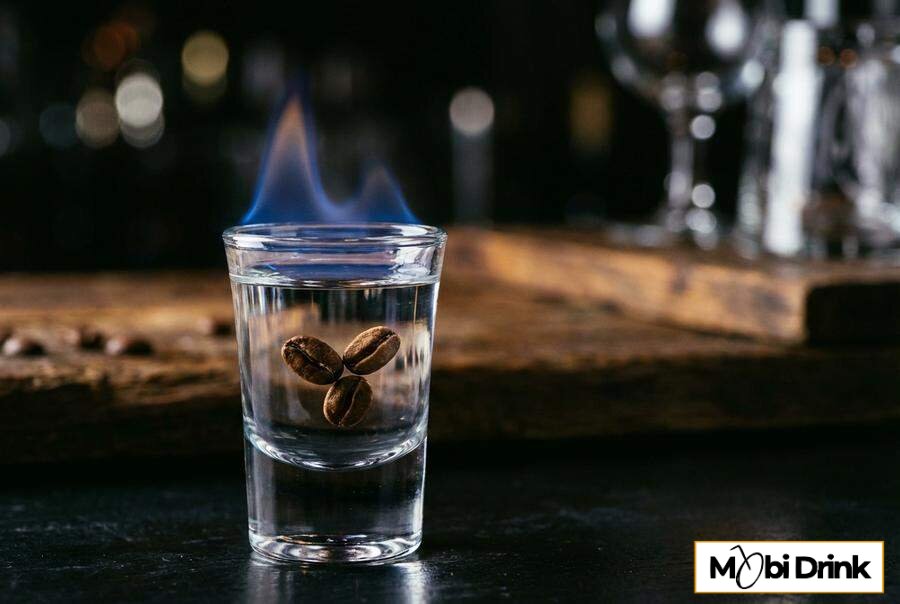 Płonący shot Sambuca con la mosca z ziarnami kawy