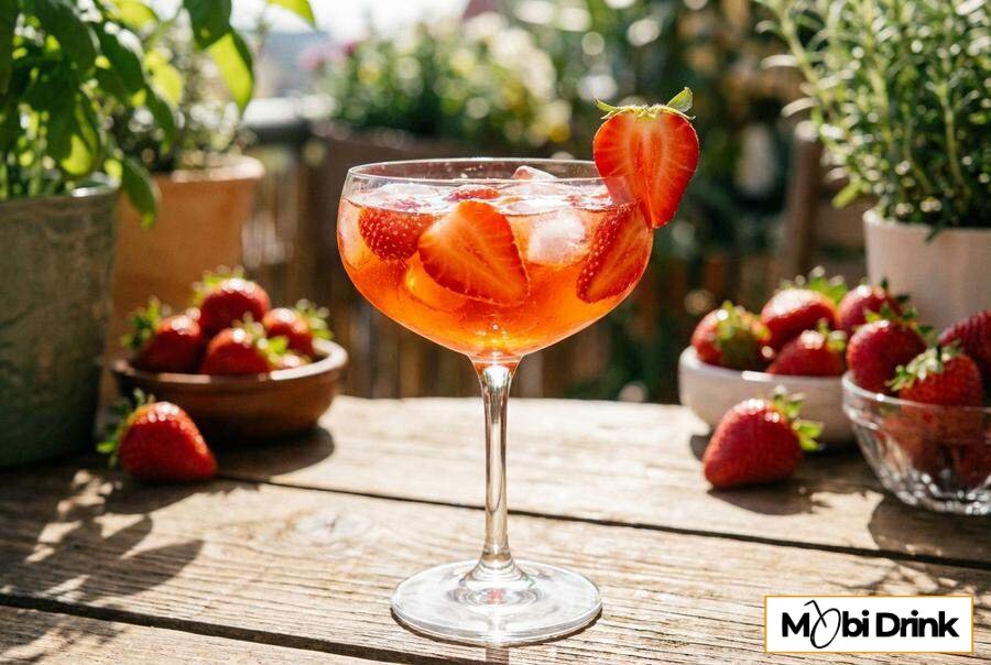 Truskawkowy Aperol Spritz z kawałkami owoców