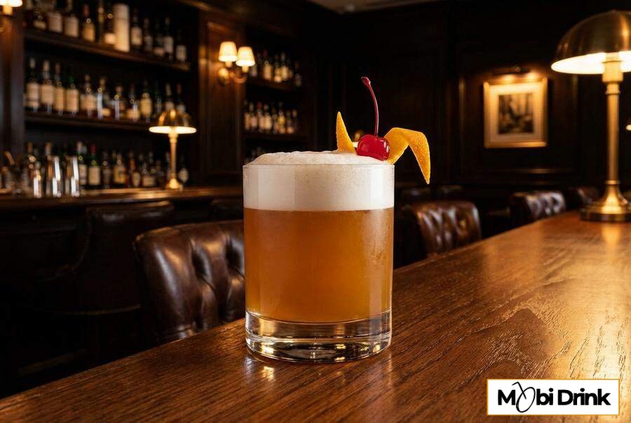Klasyczny drink Whisky Sour z pianką i wisienką