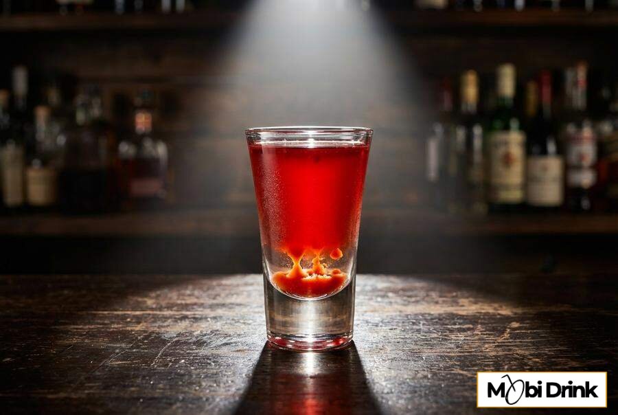 Czerwony shot z widocznymi kroplami tabasco na dnie